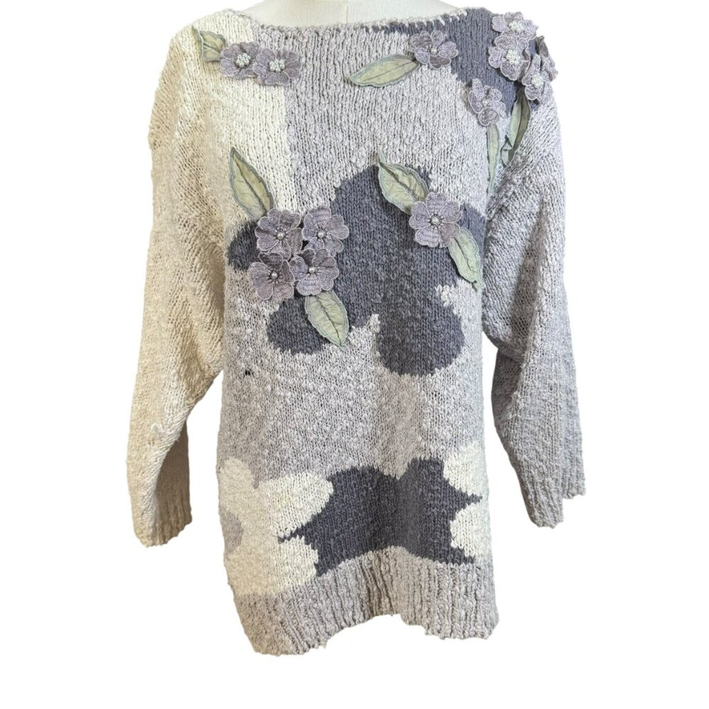 Bonnie & Bill by Holly Vintage Floral Appliqué Sweater Gray Purple Textured SZ:M